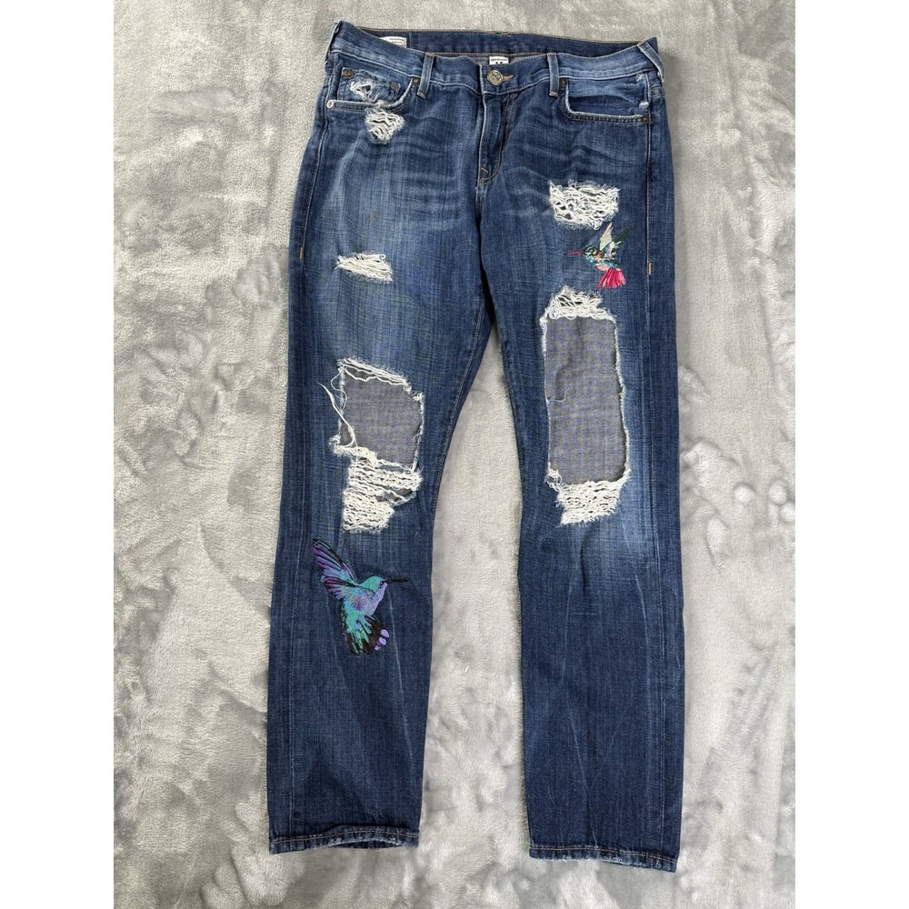 True Religion Handwoven Humming Bird Embroidery Slim Boyfriend Rip Jeans 32x28